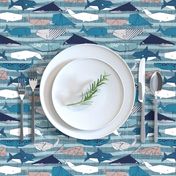 Origami Sea // small scale // linen texture and nautical stripes background teal white and taupe whales