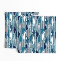 Origami Sea // small scale // linen texture and nautical stripes background teal white and taupe whales