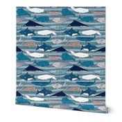 Origami Sea // small scale // linen texture and nautical stripes background teal white and taupe whales