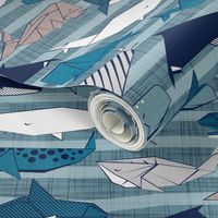 Origami Sea // small scale // linen texture and nautical stripes background teal white and taupe whales