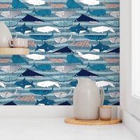 Origami Sea // small scale // linen texture and nautical stripes background teal white and taupe whales