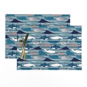 Origami Sea // small scale // linen texture and nautical stripes background teal white and taupe whales