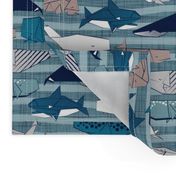 Origami Sea // small scale // linen texture and nautical stripes background teal white and taupe whales