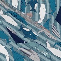 Origami Sea // small scale // linen texture and nautical stripes background teal white and taupe whales