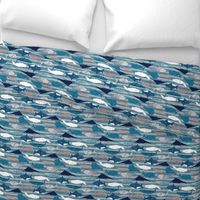 Origami Sea // small scale // linen texture and nautical stripes background teal white and taupe whales