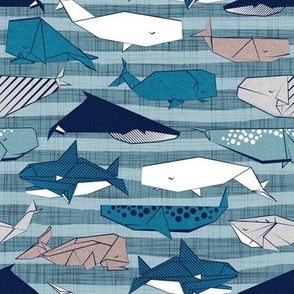 Origami Sea // small scale // linen texture and nautical stripes background teal white and taupe whales