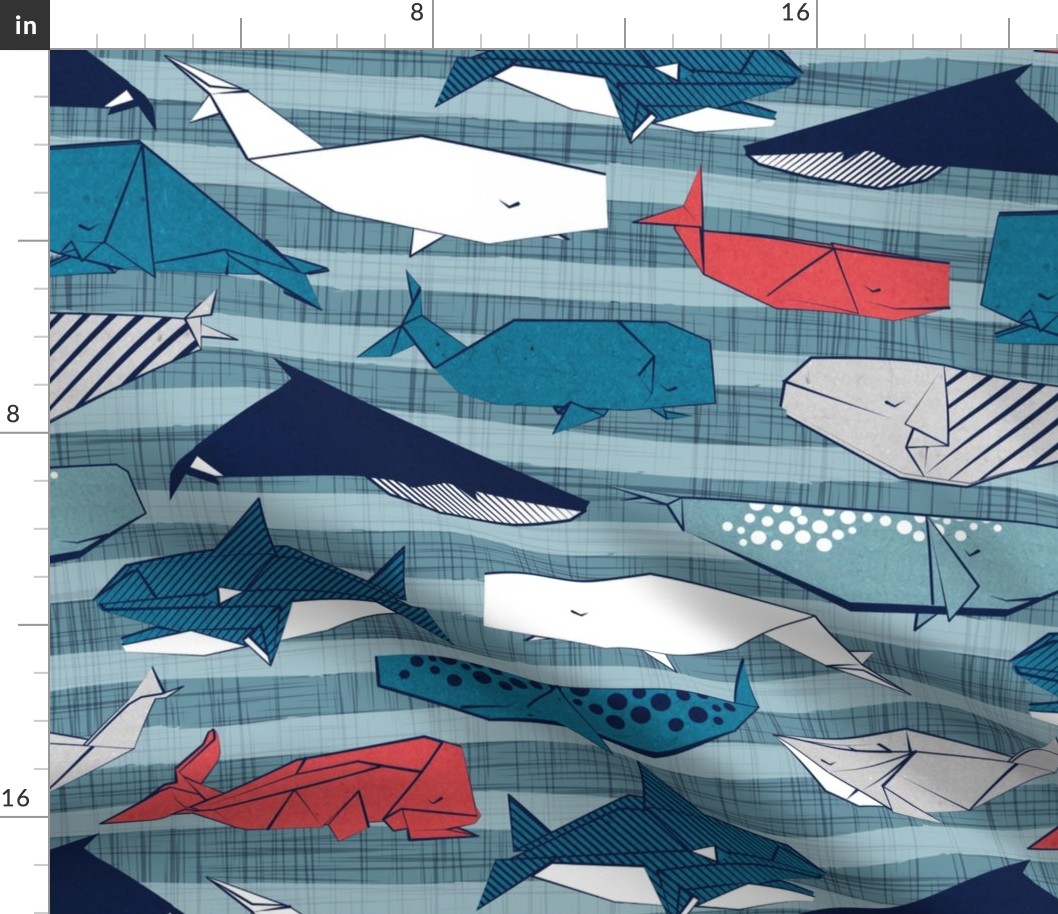 Origami Sea // normal scale // linen texture and nautical stripes background teal white and red whales