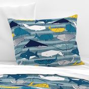 Origami Sea // normal scale // linen texture and nautical stripes background teal white and yellow whales
