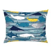 Origami Sea // normal scale // linen texture and nautical stripes background teal white and yellow whales