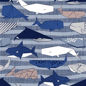 Origami Sea // normal scale // linen texture and nautical stripes background blue white and taupe whales