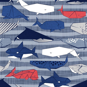 Origami Sea // normal scale // linen texture and nautical stripes background blue white and red whales