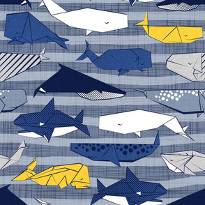 Origami Sea // normal scale // linen texture and nautical stripes background blue white and yellow whales