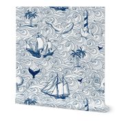 Vintage nautical journey , ocean, sea,waves coastal fabric wallpaper