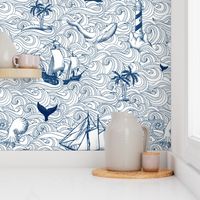 Vintage nautical journey , ocean, sea,waves coastal fabric wallpaper