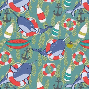 Nautical Narwhals on Blue