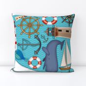 Nautical Goodies // Sailboat, Yacht, Helm, Anchor, Lighthouse, Lifesaver, Fish // Coastal, Maritime, Ocean Waves // Turquoise, Blue, Khaki, Brown, Green, Red, Beige, Black and White