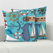 Nautical Goodies // Sailboat, Yacht, Helm, Anchor, Lighthouse, Lifesaver, Fish // Coastal, Maritime, Ocean Waves // Turquoise, Blue, Khaki, Brown, Green, Red, Beige, Black and White