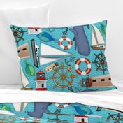 Nautical Goodies // Sailboat, Yacht, Helm, Anchor, Lighthouse, Lifesaver, Fish // Coastal, Maritime, Ocean Waves // Turquoise, Blue, Khaki, Brown, Green, Red, Beige, Black and White