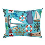 Nautical Goodies // Sailboat, Yacht, Helm, Anchor, Lighthouse, Lifesaver, Fish // Coastal, Maritime, Ocean Waves // Turquoise, Blue, Khaki, Brown, Green, Red, Beige, Black and White