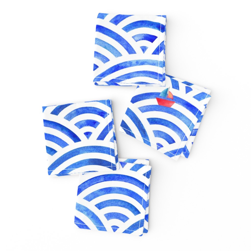 Coastal Nautical Seigaiha Waves in Royal Blue Watercolor with Boat