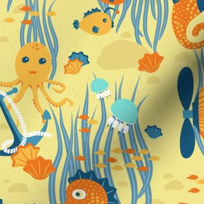 Submarine, anchor, steering wheel, octopus, seahorse, fish, jellyfish, seashells on a yellow background