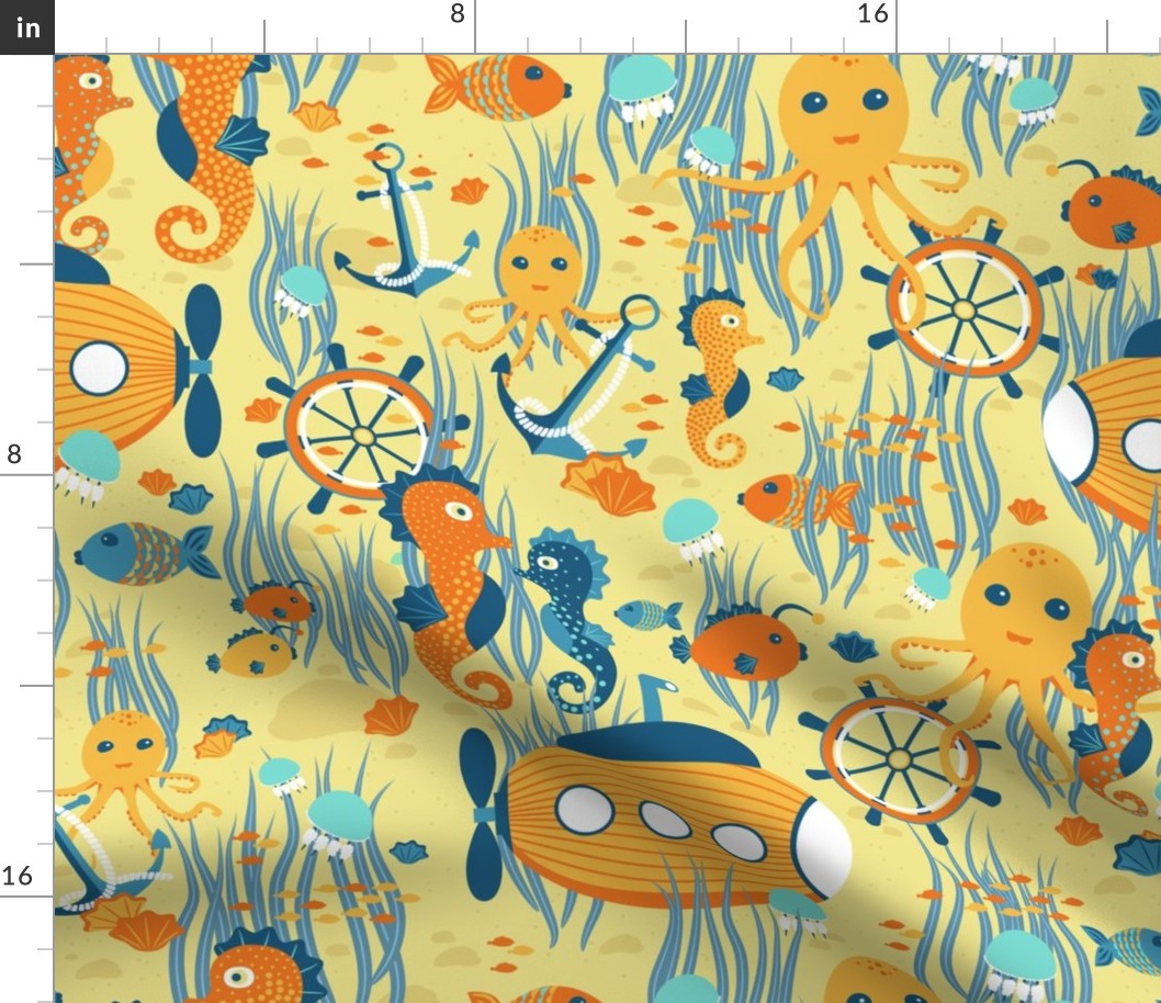 Submarine, anchor, steering wheel, octopus, seahorse, fish, jellyfish, seashells on a yellow background