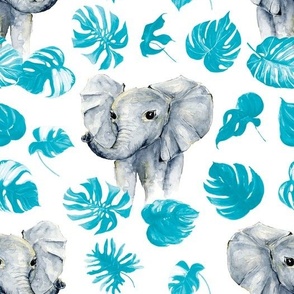 tropical watercolor elephant blue palms and monstera leaves