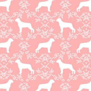 rottweiler silhouette dog floral fabric - dog breed fabric, dog wallpaper, silhouette dog wallpaper, rottweiler dog fabric, dog floral fabric - coral