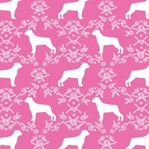 rottweiler silhouette dog floral fabric - dog breed fabric, dog wallpaper, silhouette dog wallpaper, rottweiler dog fabric, dog floral fabric - bright pink