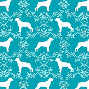 rottweiler silhouette dog floral fabric - dog breed fabric, dog wallpaper, silhouette dog wallpaper, rottweiler dog fabric, dog floral fabric - teal