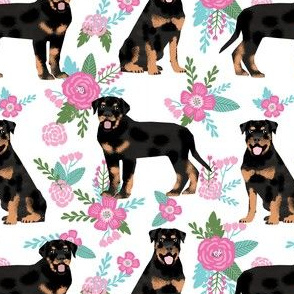 rottweiler dog fabric - floral dog fabric, dog fabric, rottweiler floral fabric, cute pet fabric, dogs fabric - white
