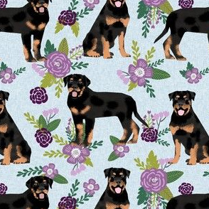 rottweiler dog fabric - floral dog fabric, dog fabric, rottweiler floral fabric, cute pet fabric, dogs fabric - blue