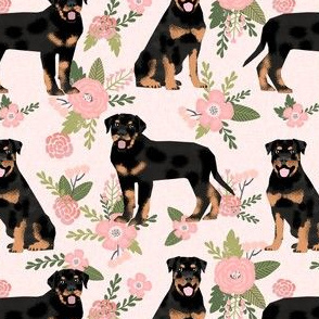 rottweiler dog fabric - floral dog fabric, dog fabric, rottweiler floral fabric, cute pet fabric, dogs fabric - peach