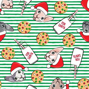 Cats and Cookies - Sphynx Cat, cookies, and milk for Santa - green stripes - LAD19