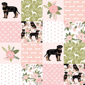 rottweiler dog cheater quilt - cheater fabric, dog quilt, rottweiler fabric, dog floral, floral quilt, girls dog quilt, pet design - peach