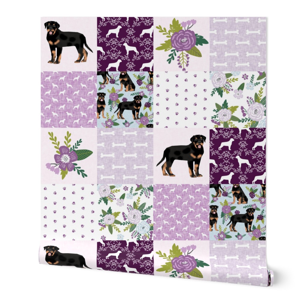 rottweiler dog cheater quilt - cheater fabric, dog quilt, rottweiler fabric, dog floral, floral quilt, girls dog quilt, pet design - purple