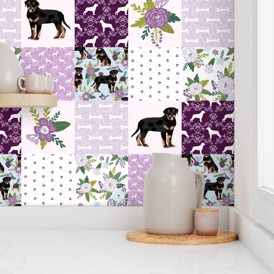 rottweiler dog cheater quilt - cheater fabric, dog quilt, rottweiler fabric, dog floral, floral quilt, girls dog quilt, pet design - purple