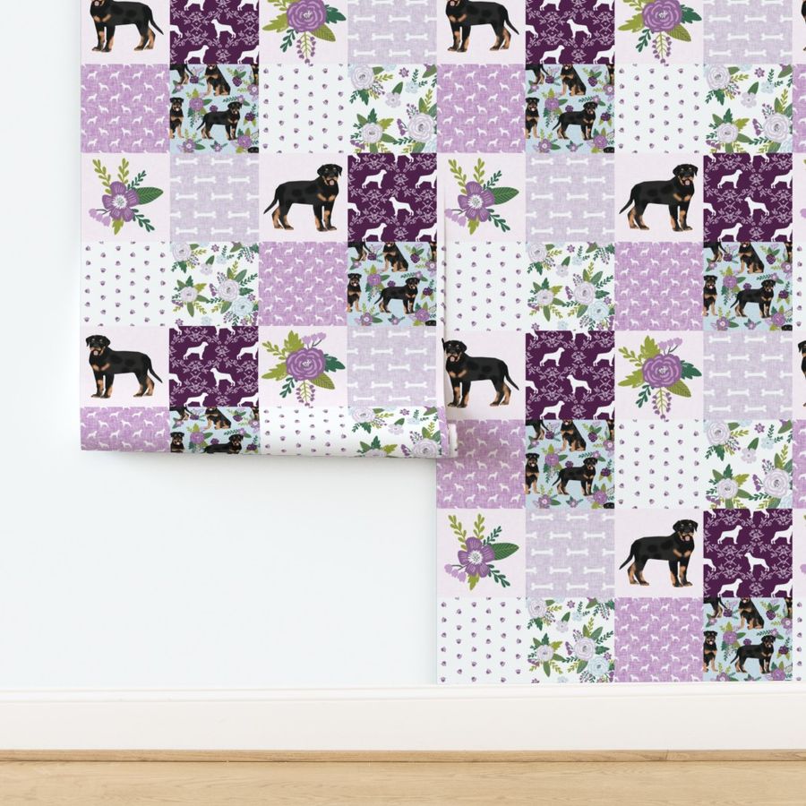 rottweiler dog cheater quilt - cheater fabric, dog quilt, rottweiler fabric, dog floral, floral quilt, girls dog quilt, pet design - purple