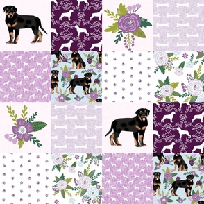 rottweiler dog cheater quilt - cheater fabric, dog quilt, rottweiler fabric, dog floral, floral quilt, girls dog quilt, pet design - purple