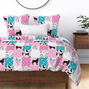 rottweiler dog cheater quilt - cheater fabric, dog quilt, rottweiler fabric, dog floral, floral quilt, girls dog quilt, pet design - pink and teal