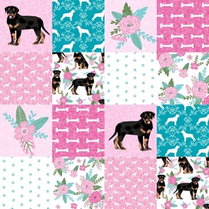 rottweiler dog cheater quilt - cheater fabric, dog quilt, rottweiler fabric, dog floral, floral quilt, girls dog quilt, pet design - pink and teal