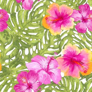 18" Hand drawn watercolor tropical summer jungle with colorful hibiscus blossoms and flowers double 