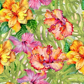 18" Hand drawn watercolor tropical summer jungle with colorful hibiscus blossoms and flowers double 