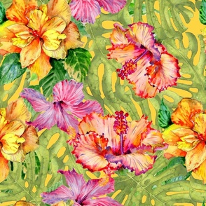 18" Hand drawn watercolor tropical summer jungle with colorful hibiscus blossoms and flowers on yellow