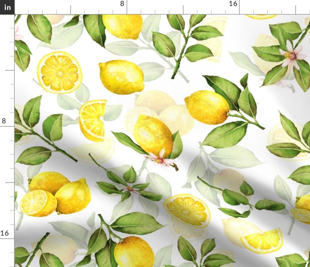  18"Lemonade - Summer Mediterranean Fresh hand drawn lemon branches and slices on white - double layer