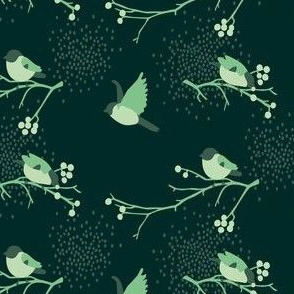 Birds and berries dark green and mint