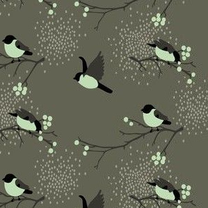 Birds and berries dark grey and mint