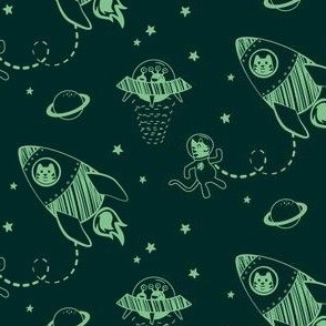 Cats in Space dark green and mint