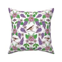 Lilacs, Peonies, Hellebore, & Sparrows - Pink & Purple Flowers w/ Birds & Moths