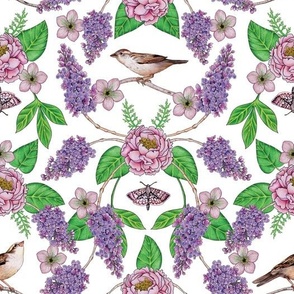 Lilacs, Peonies, Hellebore, & Sparrows - Pink & Purple Flowers w/ Birds & Moths